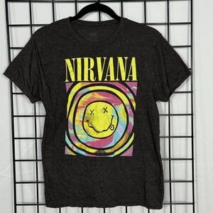 Nirvana Graphic T-Shirt Womens Small Gray Short Sleeve Band Tee Retro Drunk Face